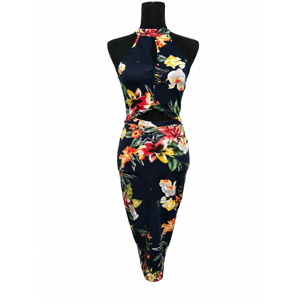 Windsor Navy Blue Tropical Floral 2pc Halter Cutout Top and Skirt Small
